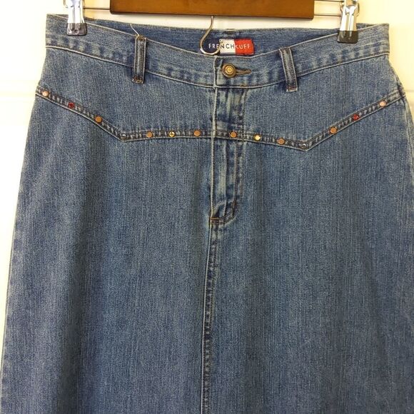 French Cuff blue denim maxi skirt with front split studs and rhinestones - Picture 2 of 12